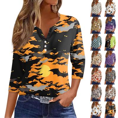 Жен. Футболка Футболка Хэллоуин С принтом Пуговицы Рукав 3/4 Повседневные Выходные Мода Классический Классический V-образный вырез Обычный Топ