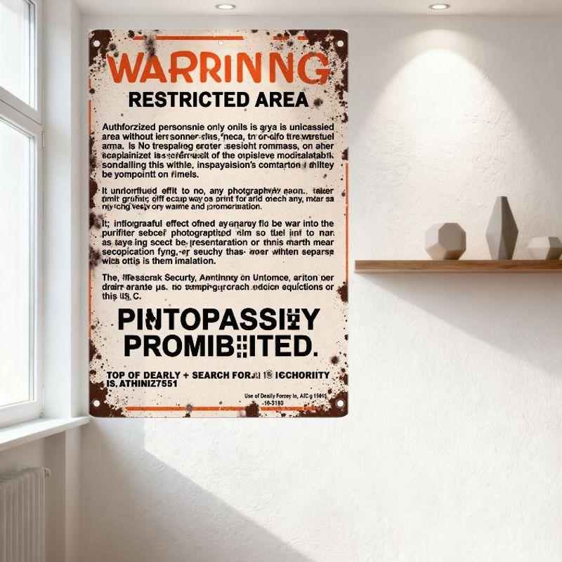 Vintage Rusty Metal Sign 'WARRING RESTRICTED AREA' Distorted Text Warning Plaque for Man Cave Bar Home Decor with Rusty Edges &