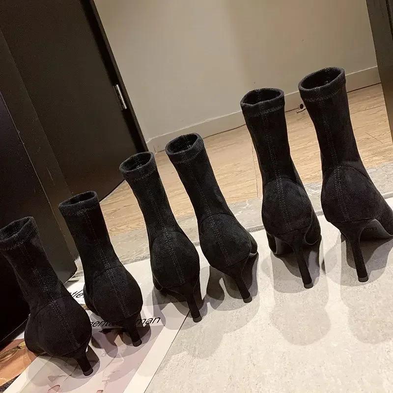 5/7/9 см роскошные женские черные сапоги-носки из флока на шпильках, тонкие, высокие каблуки, эластичные вязаные сапоги, зимние ботильоны из эластичной ткани