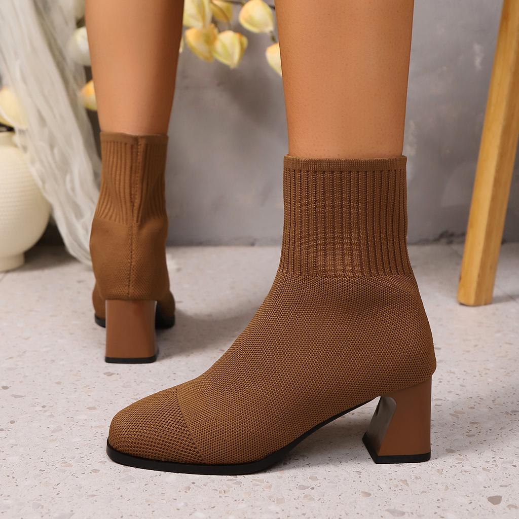 Модные Классические Простые Однотонные Эластичные Ботильоны-носки Женские Осенние Элегантные С Квадратным Носком На Высоком Каблуке Ботильоны Слипоны Эластичные Вязаные Ботильоны