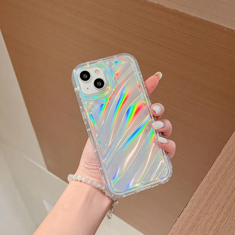 Чехол-накладка 6D Лазерная Волна Авроры Блестящий для iPhone 16E 15 14 13 12 11 Pro Max 17air 16 Мягкая Защита от Ударов