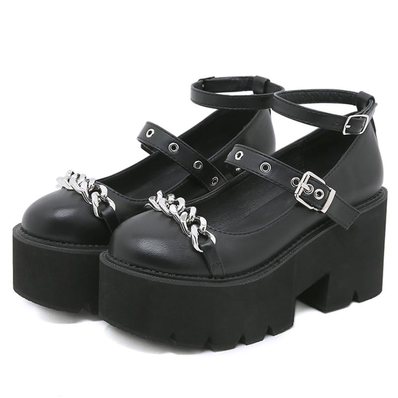 Lolita Shoes Mary Jane Round Toe Chunky Heels Platform Pumps for Women with Chain Plus Size Casual Footwear Comfortable