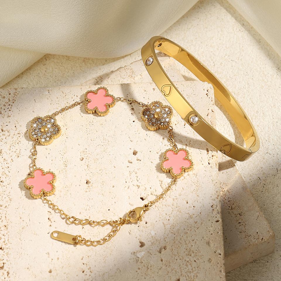 ZAKOL Fashion Five-leaf Flower Stacked Bracelet Bangle for Women Elegant Versatile Stainless Steel Zircon Gift