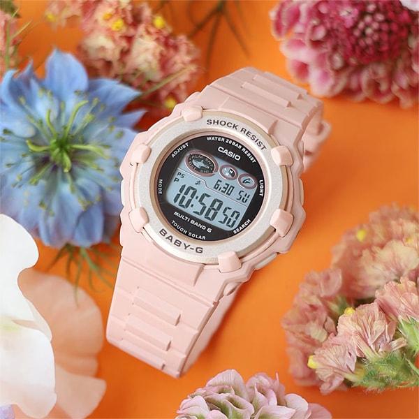 Casio Женские цифровые часы с радиосинхронизацией на солнечной батарее для круглого лица, резиновый ремешок Bgr 3003nc 4