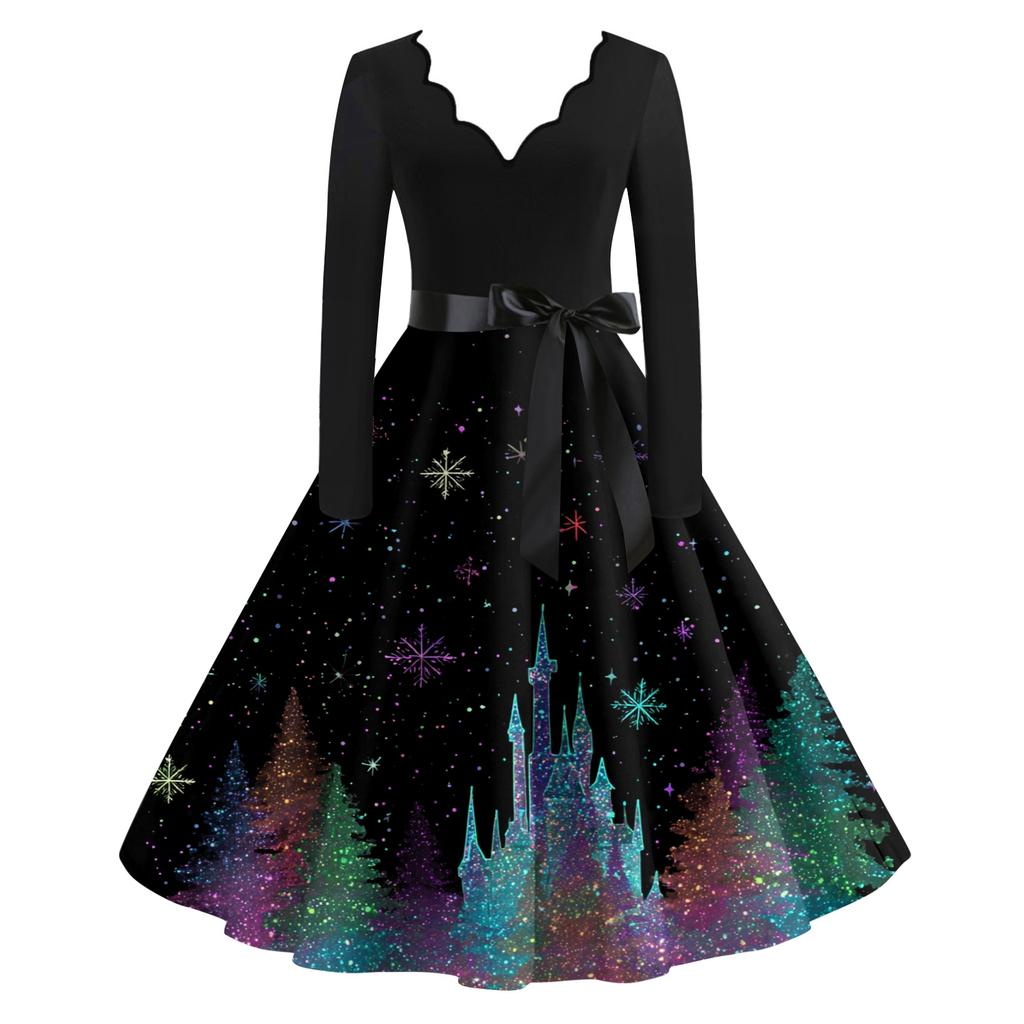 Women's Casual Fashion V-neck Long Sleeved Retro Christmas Print Retro Dress
