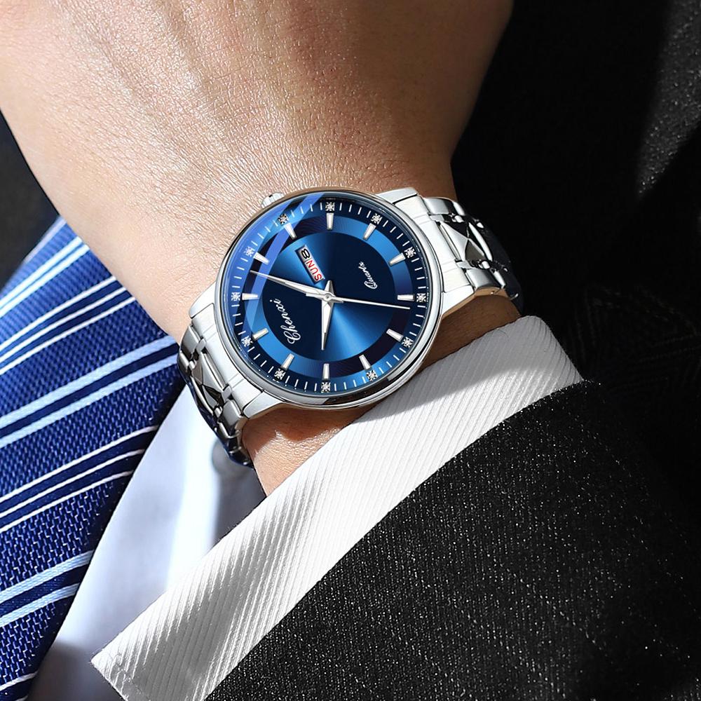 Мужские часы модные простые календарные светящиеся стальные сетчатые наручные часы кварцевые деловые часы для мужчин