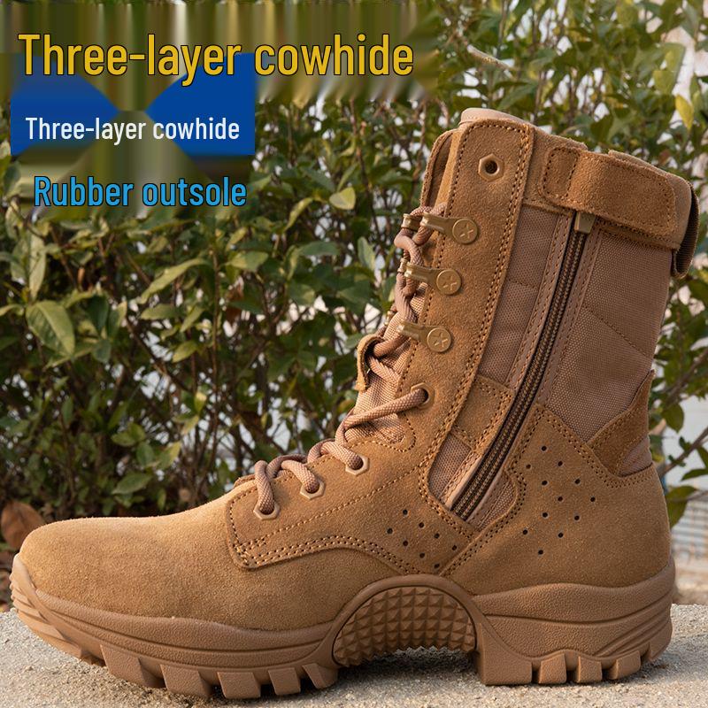 Новые коричневые боевые тренировочные ботинки: Мужские и женские высокие, пылезащитные, дышащие ботинки для альпинизма на молнии из коровьей кожи