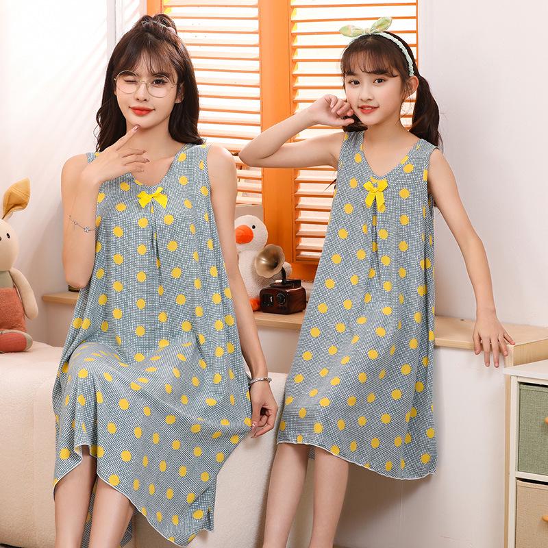 Летняя хлопковая ночная сорочка без рукавов для девочек - Пижамы для мамы и дочки в одном стиле