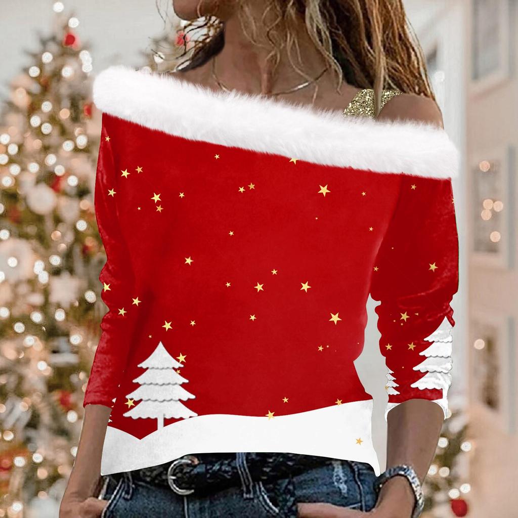 Женский повседневный свободный топ с длинными рукавами и рождественским принтом из плюша
