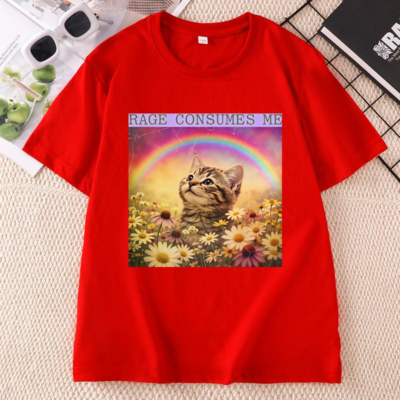 Retro Rage Consumes Me T Shirt Funny Kitten Graphic Tees Rainbow Cat Tee Unisex Casual Round Neck Printed Tees