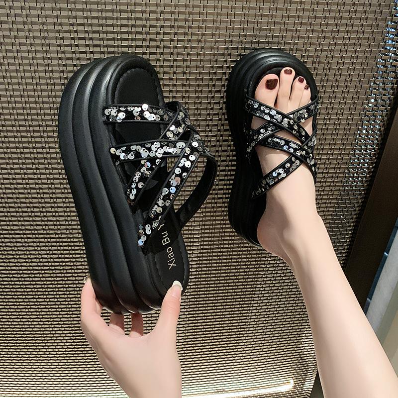 Fashion 7cm Synthetic Rhinestone Bling Breathable Summer Chunky Slippers High Brand Platform Wedge Outdoors Casual Shoes Women's Sandals