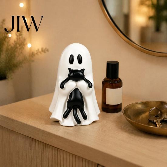 Small Ghost Holding Black Cat Statue Halloween Ornament, Hugging A Sculpture, Unique Seasonal Decor Resin Figurine, for Home Bedroom Entrance Display