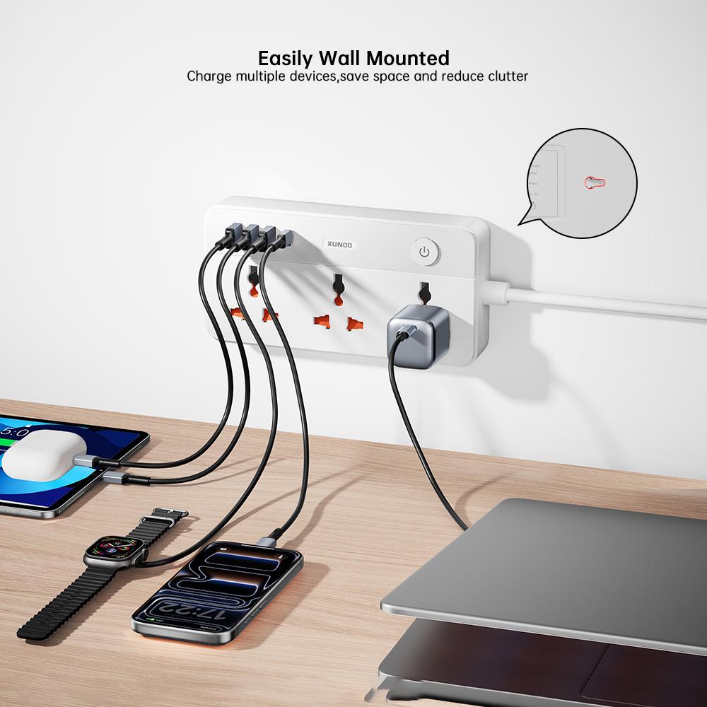 XUNDD XDCH-128 Universal USB Power Strip 7 in 1 PD 20W Fast Charging Station, 3 AC + 3 USB-A + 1 Type-C