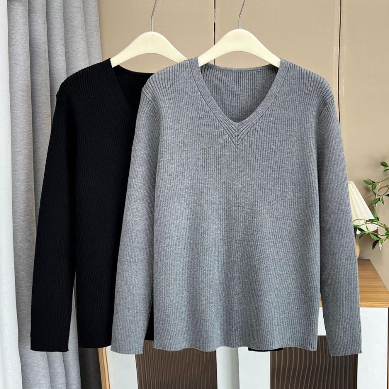 Plus Size Women V Neck Long Sleeve Knit Sweater Casual Bottoming Top
