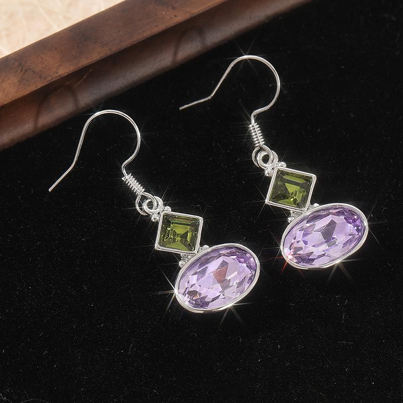 Винтажные геометрические серьги-подвески с инкрустацией зеленым и фиолетовым синтетическим цирконом для женщин, в богемном стиле, банкетные ювелирные аксессуары, подарок