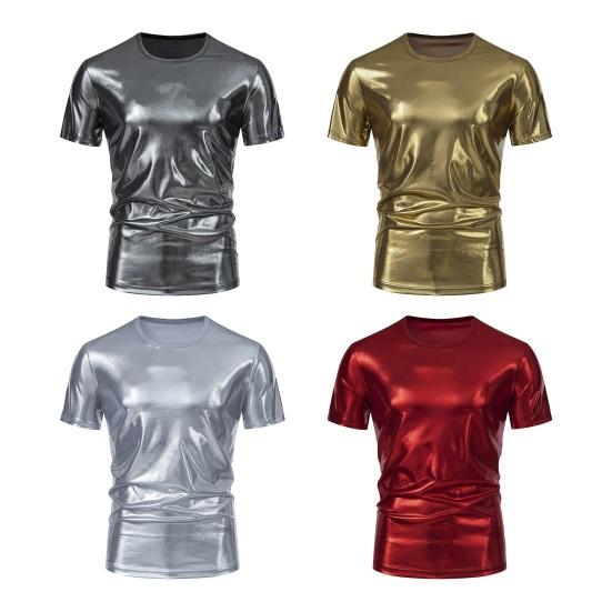 Летняя мужская футболка с глянцевой поверхностью, бронзовая, облегающая, с круглым вырезом, однотонная, с короткими рукавами, пуловер, вечерние, клубные, для выступлений, танцевальная уличная одежда, топ