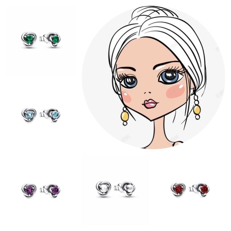 Women's Birthstone Earrings Panjia Pandora S925 Silver Eternal Round Shape Fashionable Jewelry