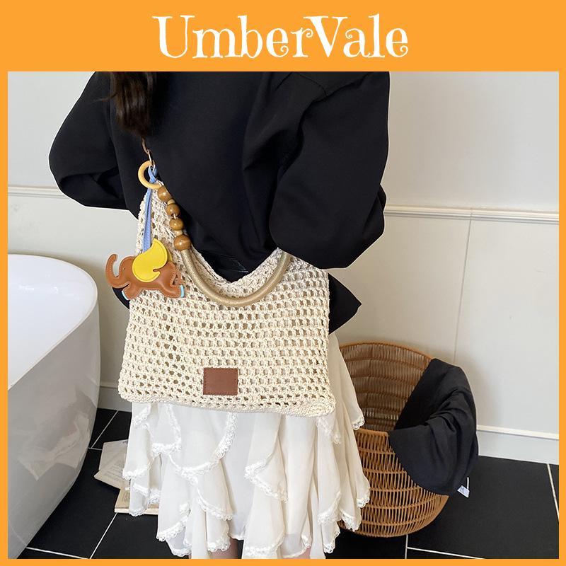 Womens Casual Hollow Woven Large Tote With Crochet Elements And Inner Pouch For Weekend Outings