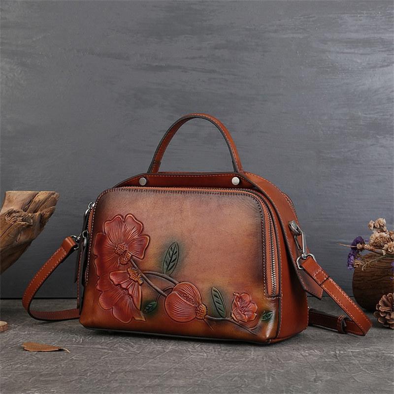 Genuine Leather Women Bag Flower Totem Embossing Ladies Handbags Vintage Design Shoulder Bags Fashion Crossbody Bag