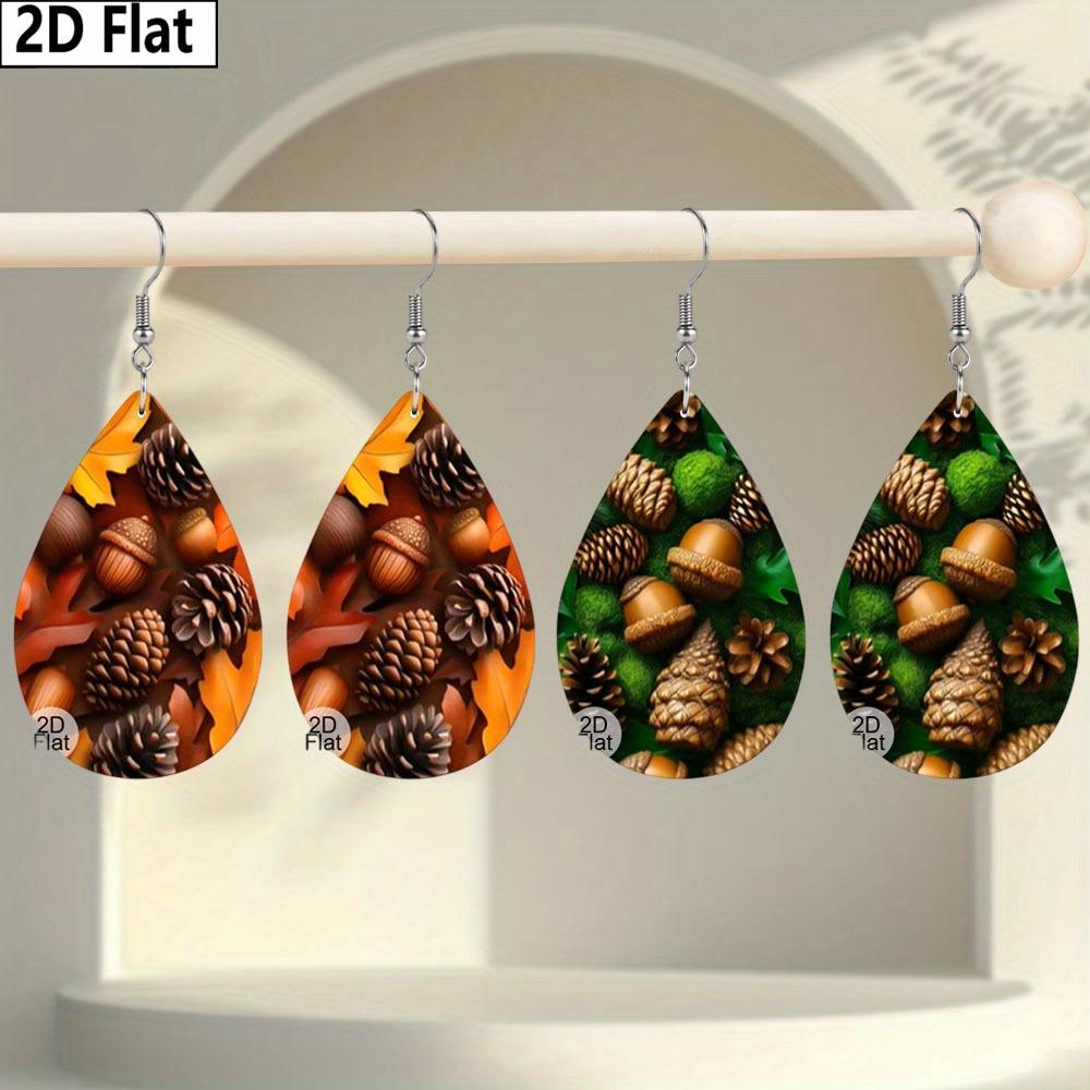 Autumn Thanksgiving/Christmas Gift Leather Women's Fashion Drop Earrings, Brown/Green Leaves Pinecone Patterned Design PU Earrings Jewelry for Wear