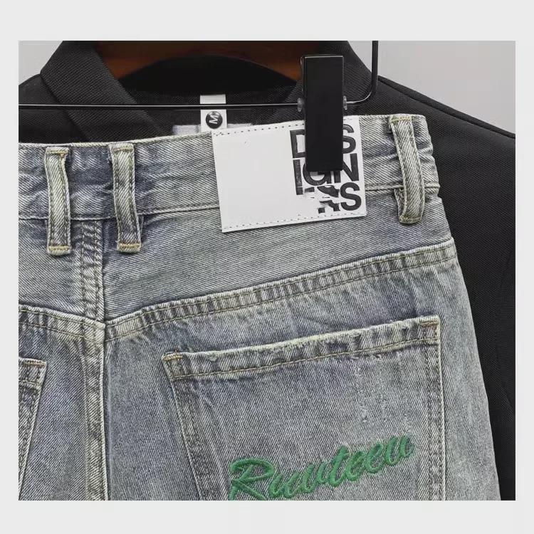 Модные зеленые облегающие мужские джинсовые шорты с вышивкой, летняя коллекция 2023 г.