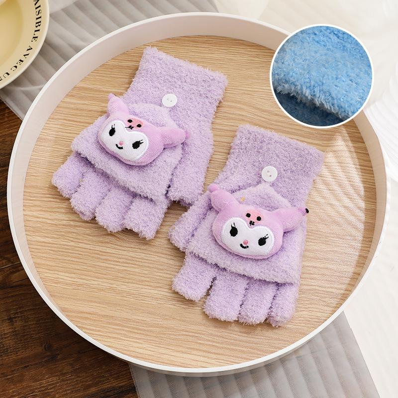 Children's plush gloves winter male and female middle school students writing cold-proof flip gloves cute warm five-finger tide