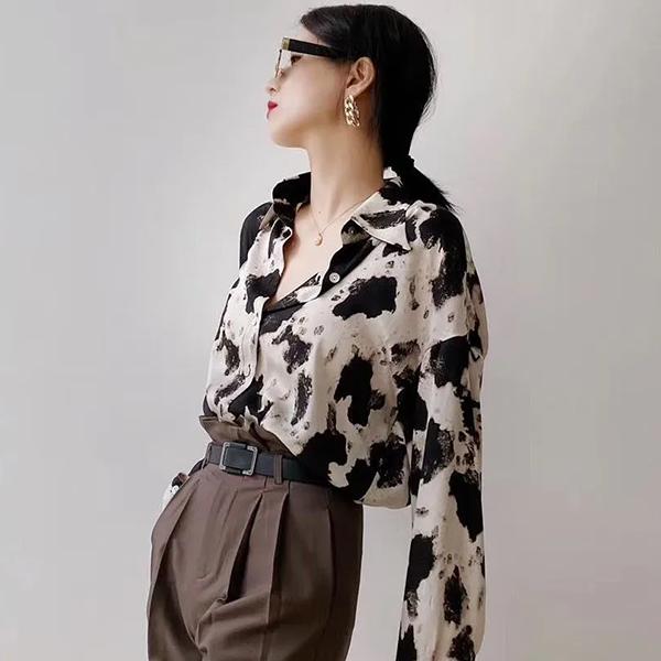 WTEMPO Женские рубашки с отложным воротником и длинным рукавом с принтом в стиле ретро, свободные повседневные универсальные блузки на пуговицах на весну и осень