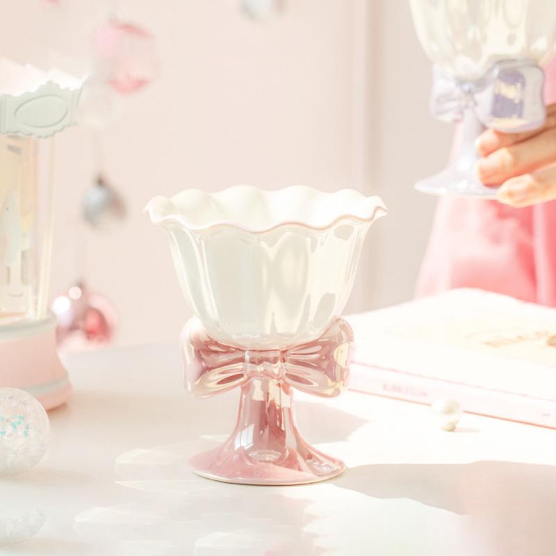 180Ml Bowknot Ceramic Ice Cream Cup Exquisite Dessert Cup Milk Mug Drinkware Photo Props Birthday Gift Girls Gift Party Favors
