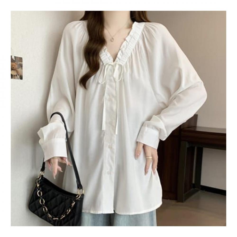 NaVaVa Women LoVely Frill Ribbon V Neck Long sleeVe Blouse Nb2329