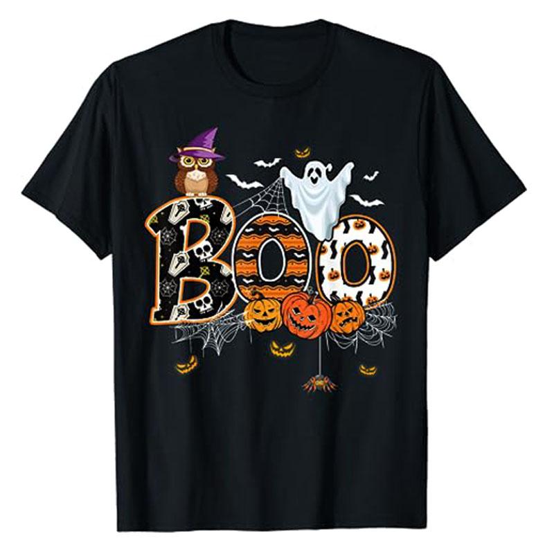 Boo Creepy Owl Pumpkin Ghost Funny Halloween Costume TShirt Halloween Night Costume Novelty Gift Women Unisex Fall Graphic Tee Top