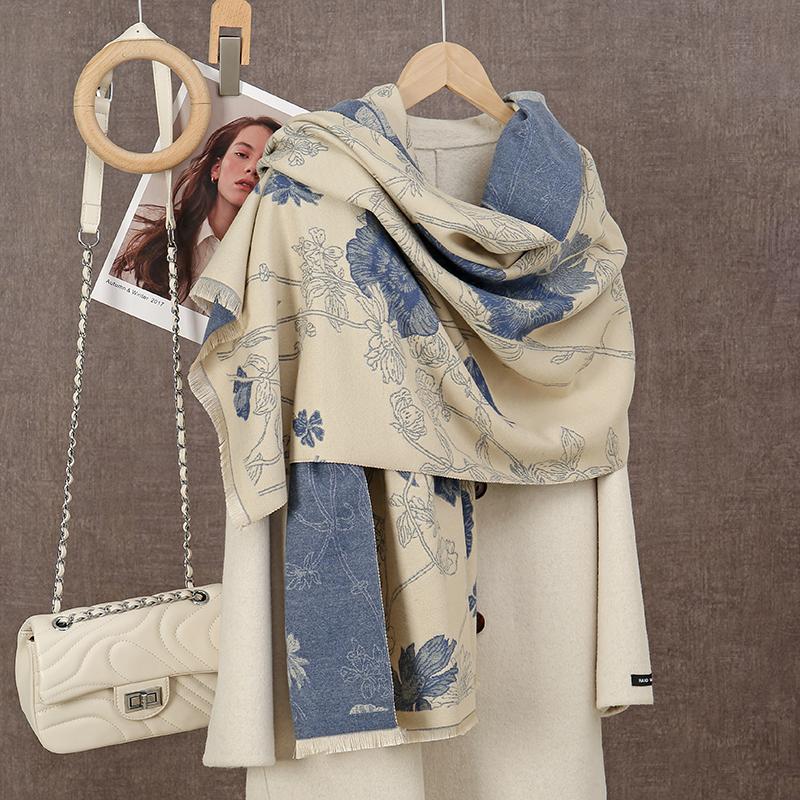 Peony Printed Cashmere Scarf Women Winter Luxury Pashmina Blanket Thick Shawl Wrap Neckerchief Fashion Bufanda Echarpe Poncho