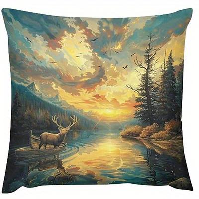 Home Decor Deer By Lake Sunset Landscape Pillow Covers Pattern Cushion Cover Suitable For Sofa Bedroom Car Pillow Cover