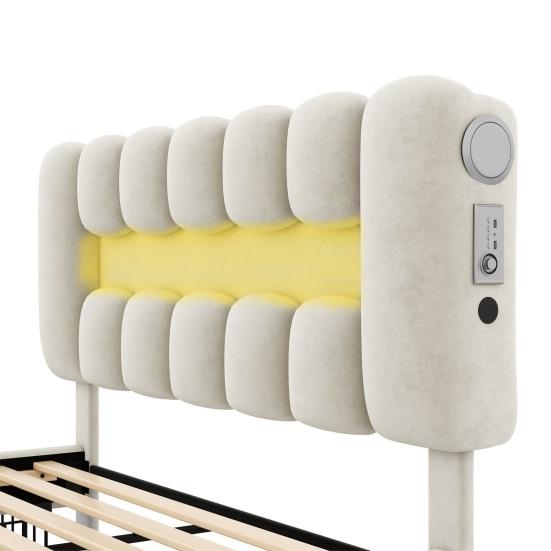 Soft Bed with LED Light Strip 140 x 200cm Large Storage Capacity Upholstered Teen USB 4 Drawers Headboard Ergonomic Design