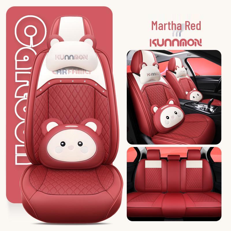 Universal Cartoon Car Seat Cover – Cute, Full-Surround Cushion for Small Cars, Fits 5-Seat Models, All-Season Use.