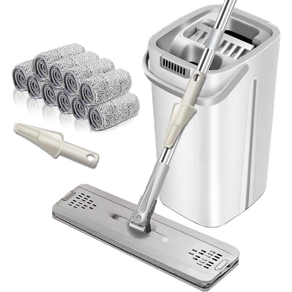 YartanXing Wet Mop Floor Mop Mop Wipe Cleaning Flat Mop with Mop Wringer and Bucket 10 Replacement Mop Pads No Hand Washing Required No Bending No