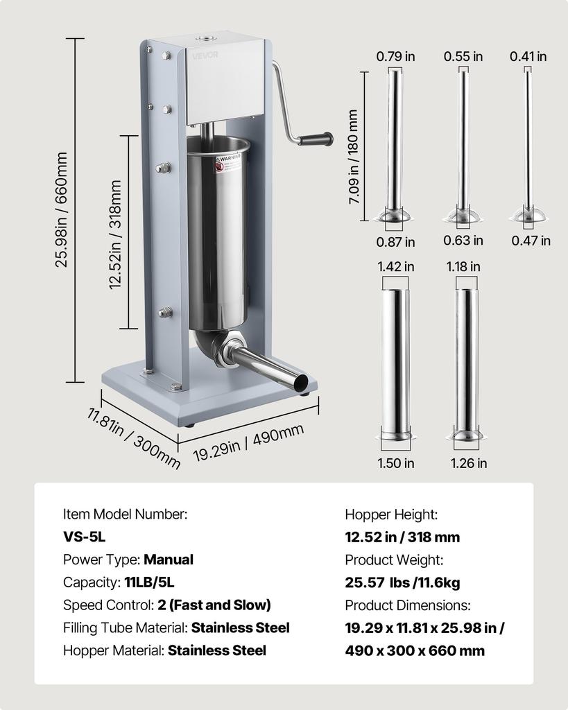 VEVOR Manual Sausage Stuffer, 11 LBS / 5 L Vertical Meat Stuffer, Heavy Duty Sausage Casing Meat Stuffing Machine