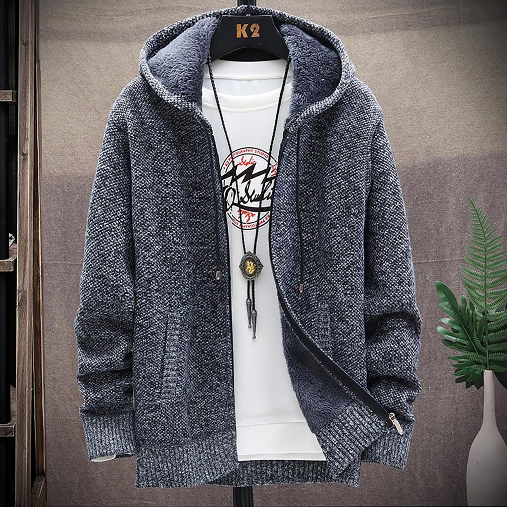 Men's Fall And Winter Casual Sweater Jacket Warm Knit Sweater Hooded Hoodie