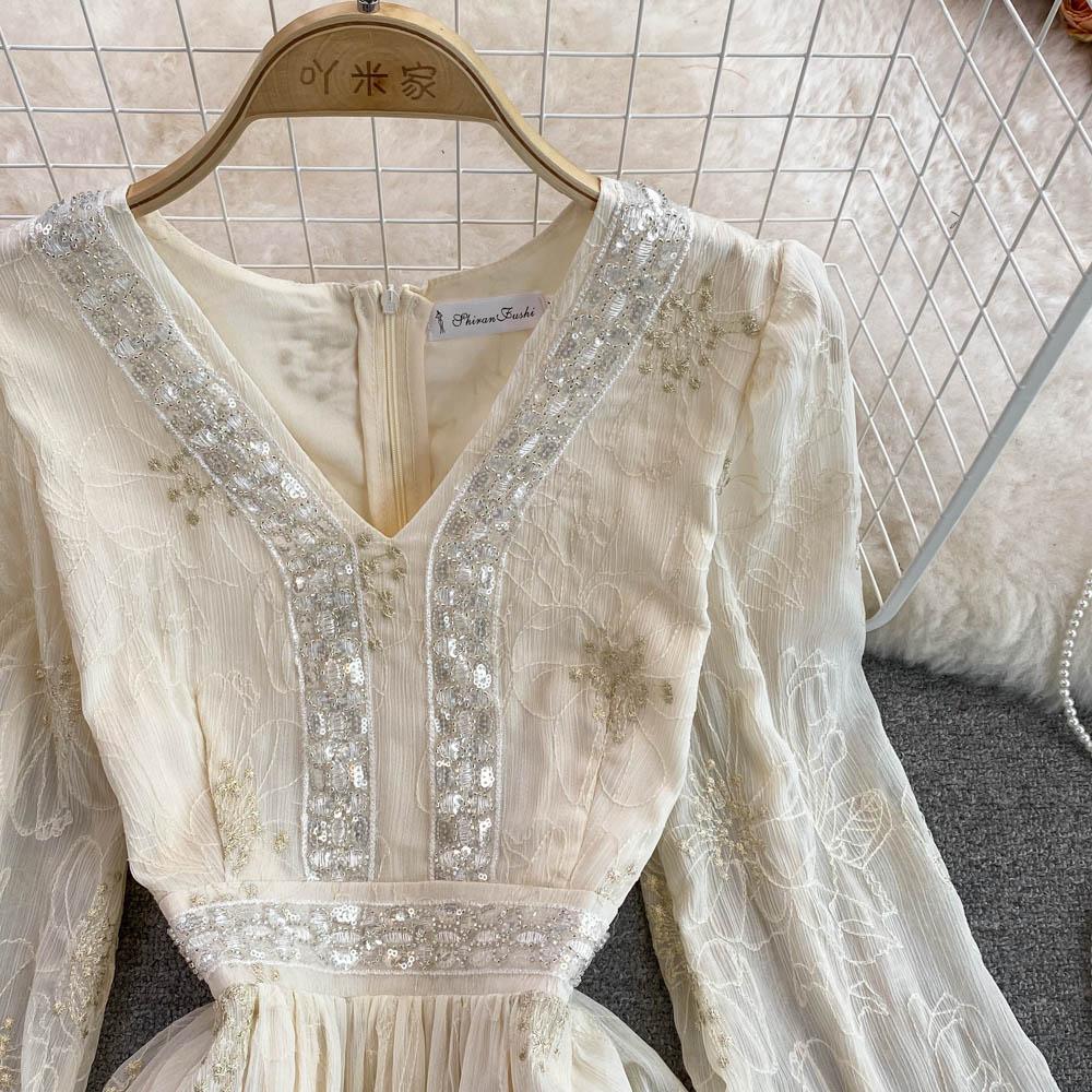 Lente Zachte Wind Temperament Fee Super Xiansen Afdeling Taille Sluiten Dunne Lange Mouwen V-hals Sequin Een-Woord Jurk