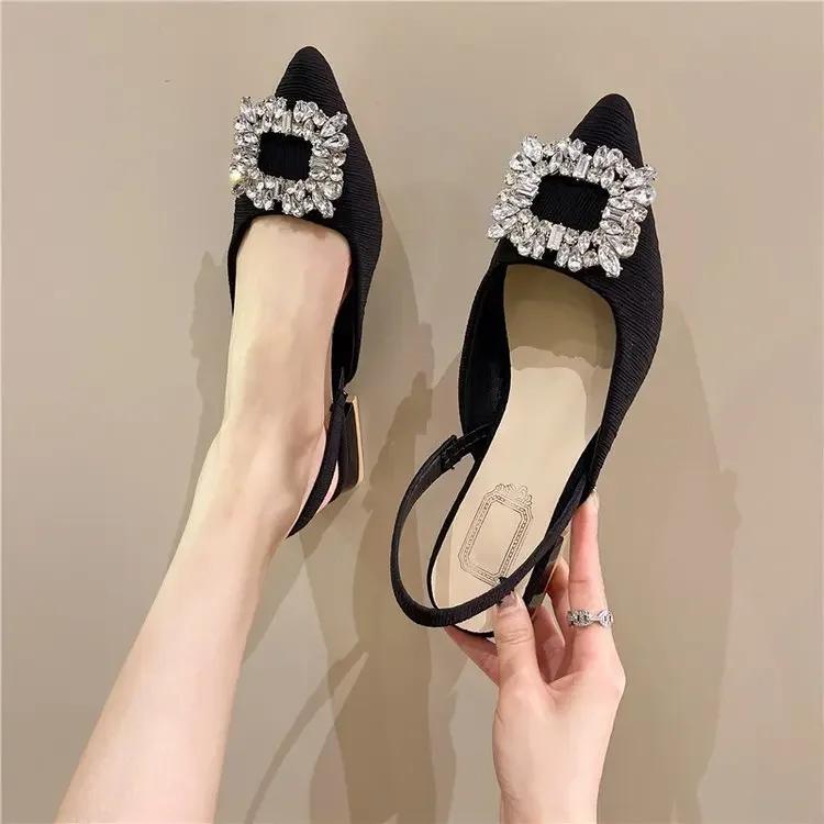 Fashion Beige Heeled Sandals Clear Shoes 2025 Women's Black Rhinestone Medium Pointed Closed New Spring Gladiator Block Girls Size 42