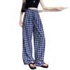 Женские синие брюки в клетку в стиле ретро с двубортной застежкой и широкими штанинами - Стиль Чжао Лусы весна-осень