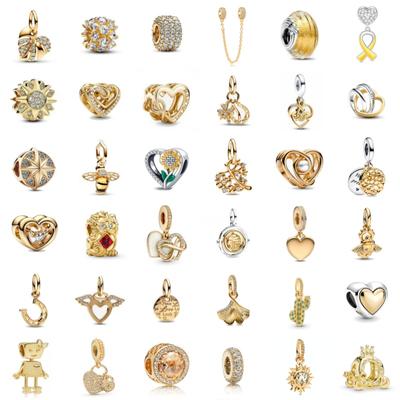 Сверкающий 925 пробы стерлингового серебра золотая серия бусины шарма подходит оригинальный браслет Pandora ожерелье DIY модные женские ювелирные изделия позолоченные