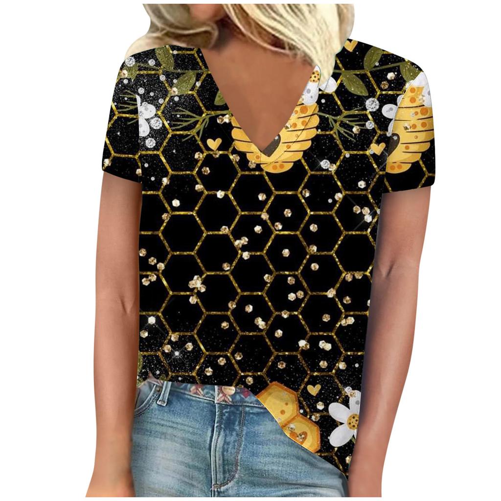 Винтажная женская футболка с принтом пчелы, с коротким рукавом, с V-образным вырезом, удобные футболки