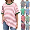 2025 Spring and Summer New Striped Contrast Color Round Neck Loose Women Short-sleeved T-shirt Top