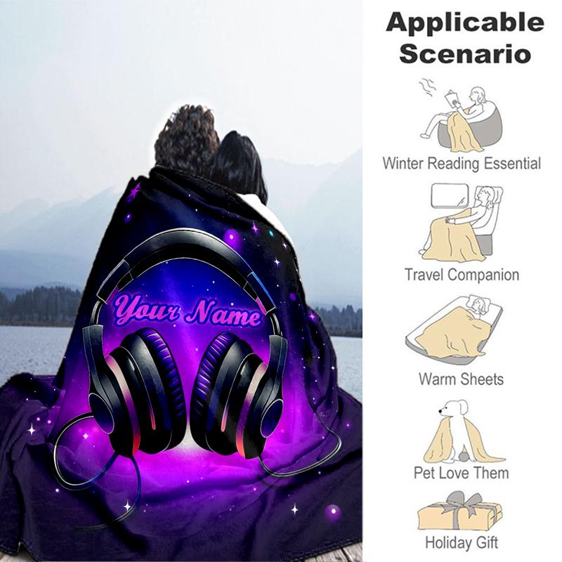1PC Custom Name Music Headphones Night Theme flannel blanket versatile,all-season throw suitable for the living room,bedroom,camping,travel,and gift