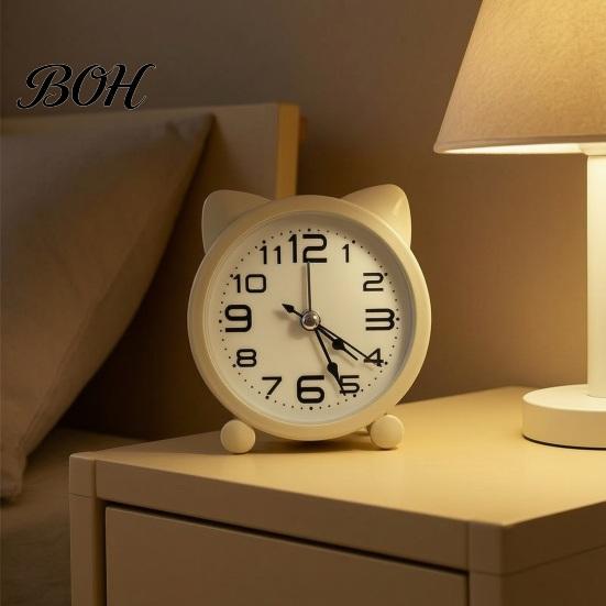 Silent Movement Desk Clock Cat Ear Alarm for Kids, Non-Ticking Metal Analog Small Clock, Battery Powered Home Office Decor Easy to Read