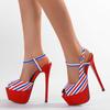 Лакированная кожа с синими/красными полосками, босоножки на шпильках, сексуальные босоножки с открытым носком, пряжка на платформе, тонкие, очень высокие каблуки, женская клубная обувь