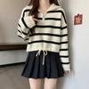 Half-zipper High-neck Striped Sweater Female Fall and Winter Thickened Loose Lazy Head Short Section Knit Sweater Comfortable and Versatile Fashion
