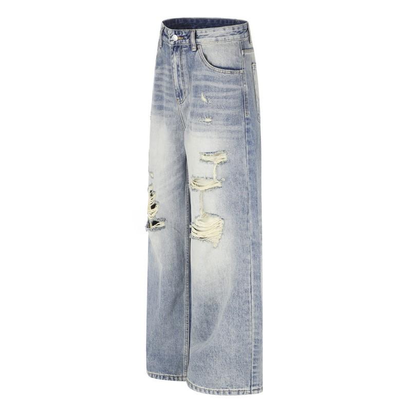 Mens Relaxed Straight Leg Jeans Punk Distressed Ripped Denim Pants Streetwear