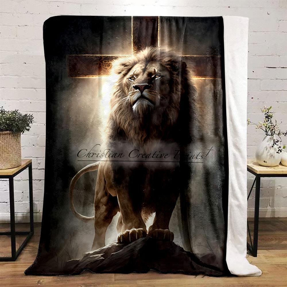 Lion Cross Religious Blanket Printed Blanket for Living Room Bed Couch lunch break Soft Cozy Blanket for Friend's festival Gift