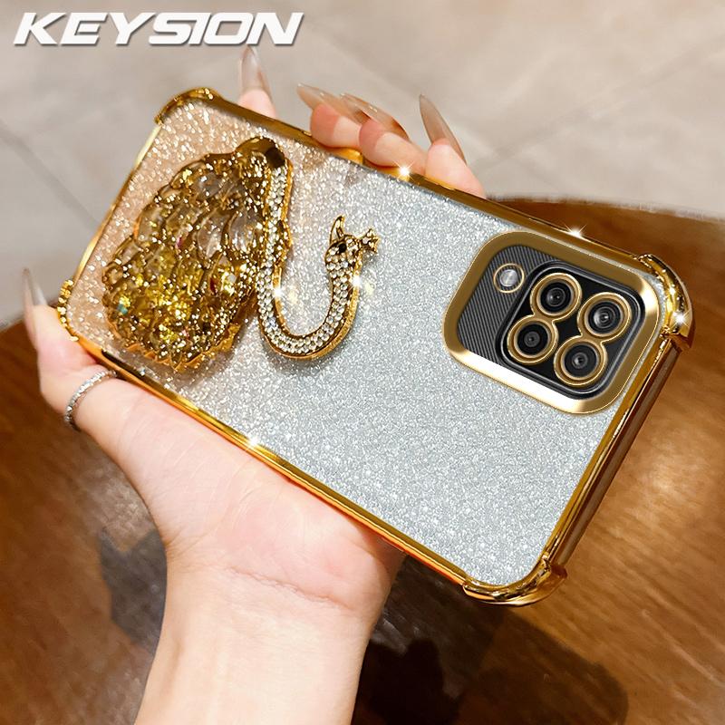 KEYSION Ударопрочный чехол с покрытием для Samsung A12 A22 4G, прозрачный, мягкий ТПУ, с блестками, украшенный лебедем, с подставкой, задняя крышка для Galaxy M12